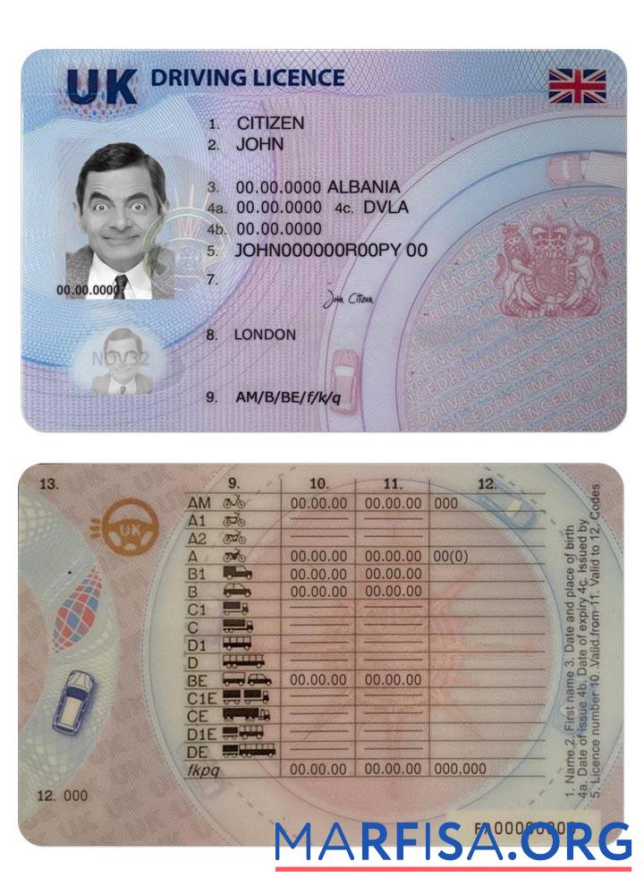 Downloadable United Kingdom driving license, (after 2021 December present) sample